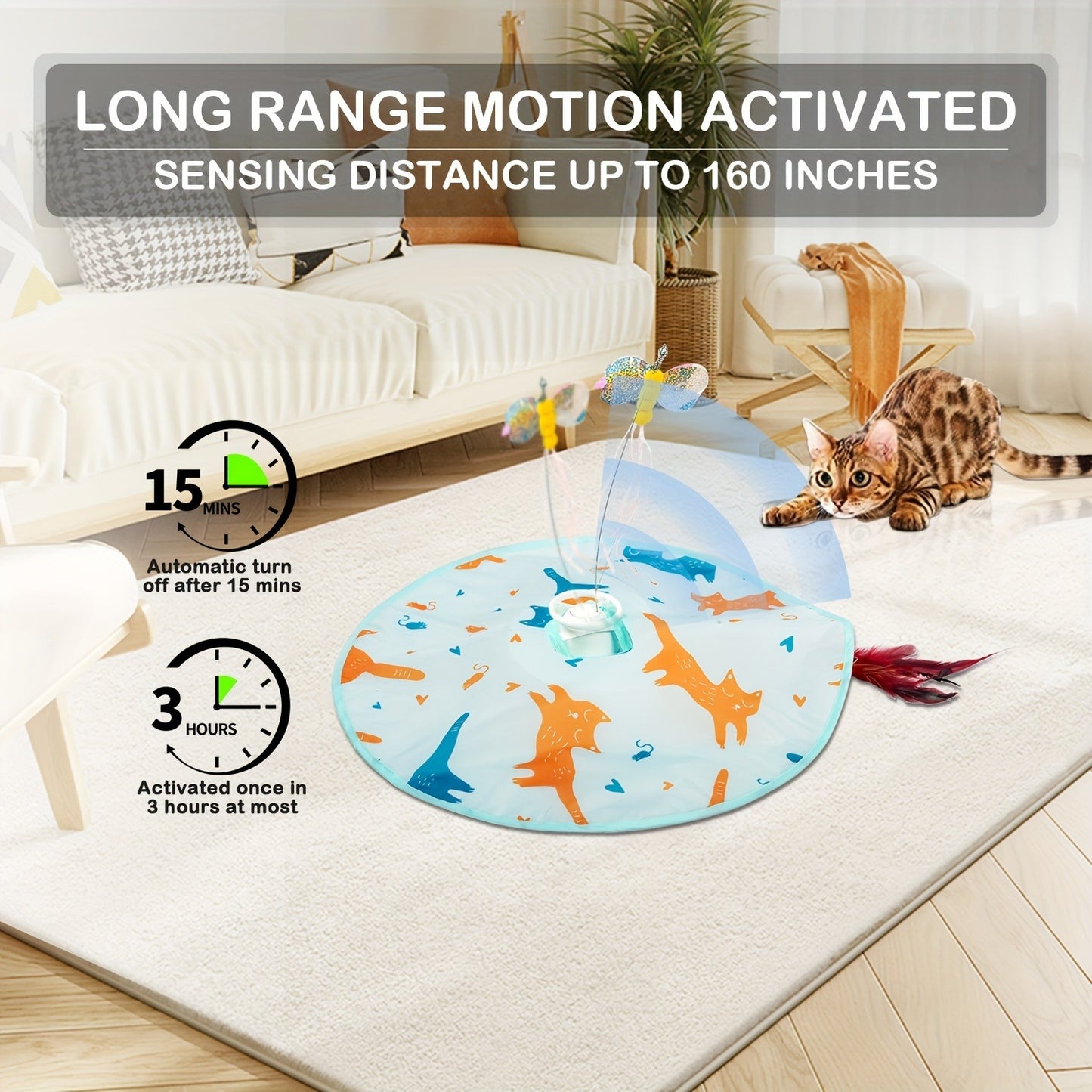 Interactive Cat Toy Electric Motion Activated 2-in-1 Rotating Butterfly & Feather Wand – USB Rechargeable 1200mAh Auto Shut-Off 3 Speed
