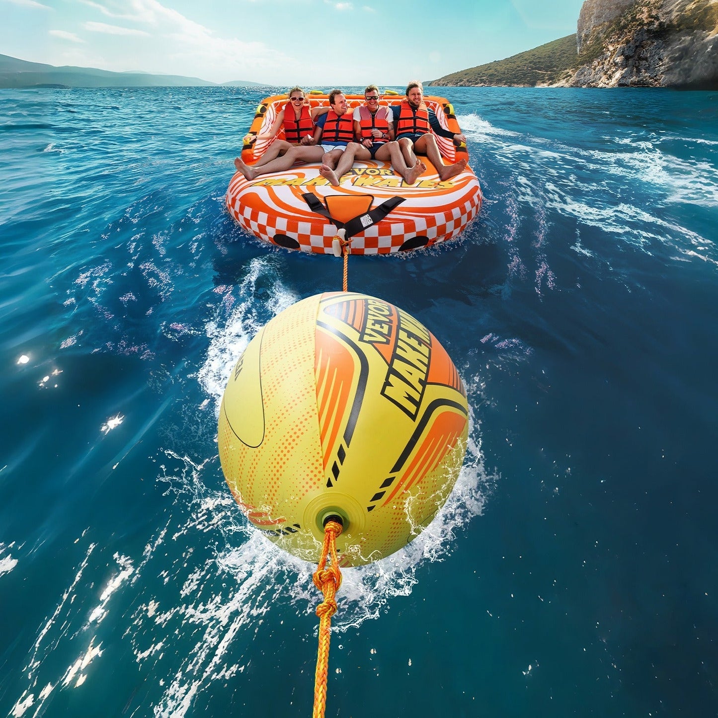Inflatable Booster Ball for Towable Tubes 680lbs Tensile Strength 0.75mm Thickened PVC with PE Tow Rope for Boating Water Sports Sea Lake