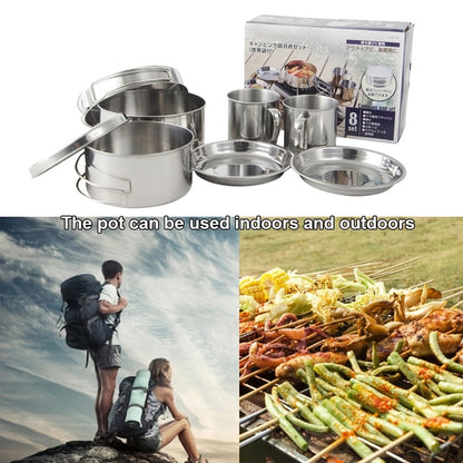 Camping Tableware Set 8 Piece Stainless Steel – Portable Outdoor Dining Set with Foldable Handle Plates, Cups & Utensils | Lightweight