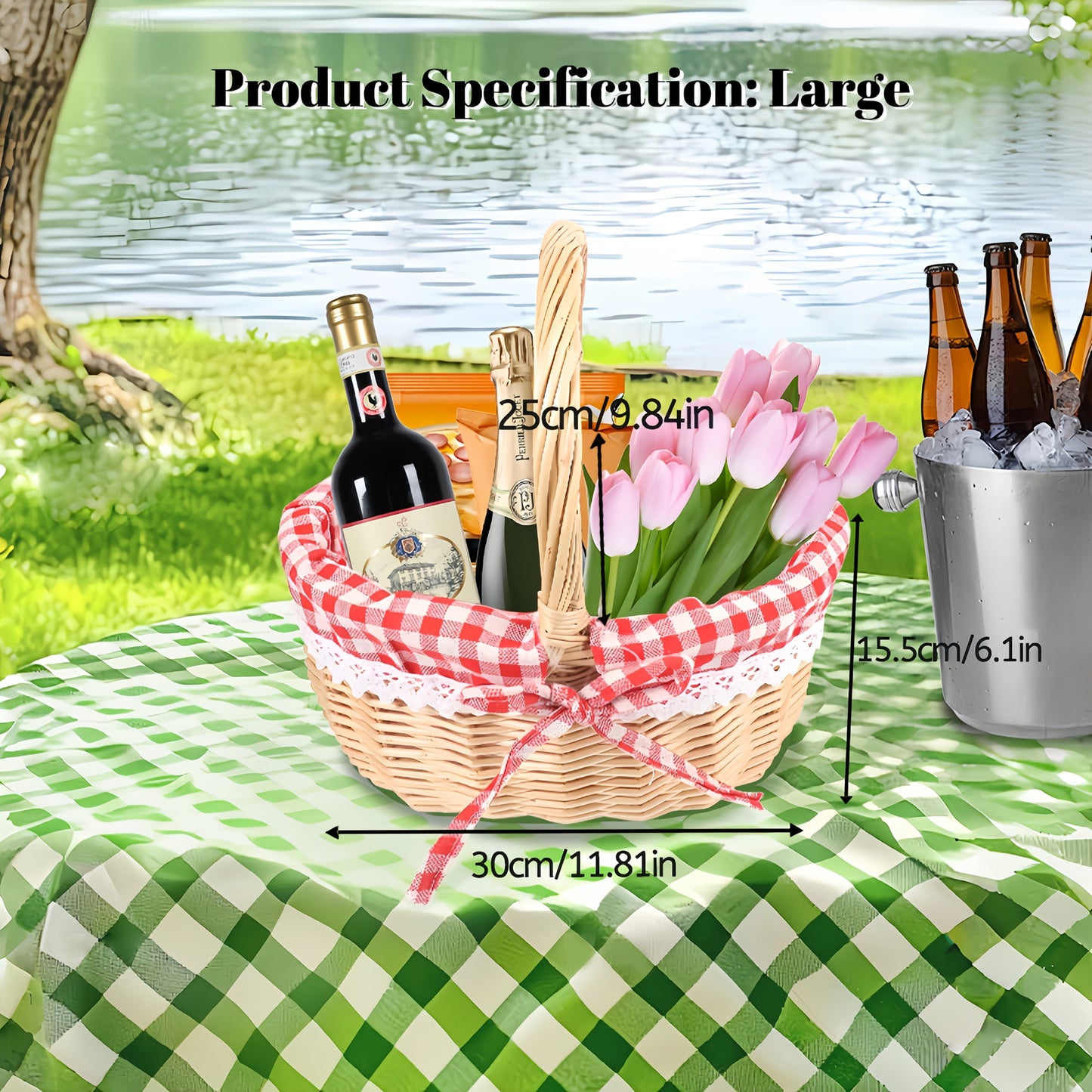 Large Wicker Picnic Basket with Split Lid, Central Carry Handle and Red Checkered Textile Lining