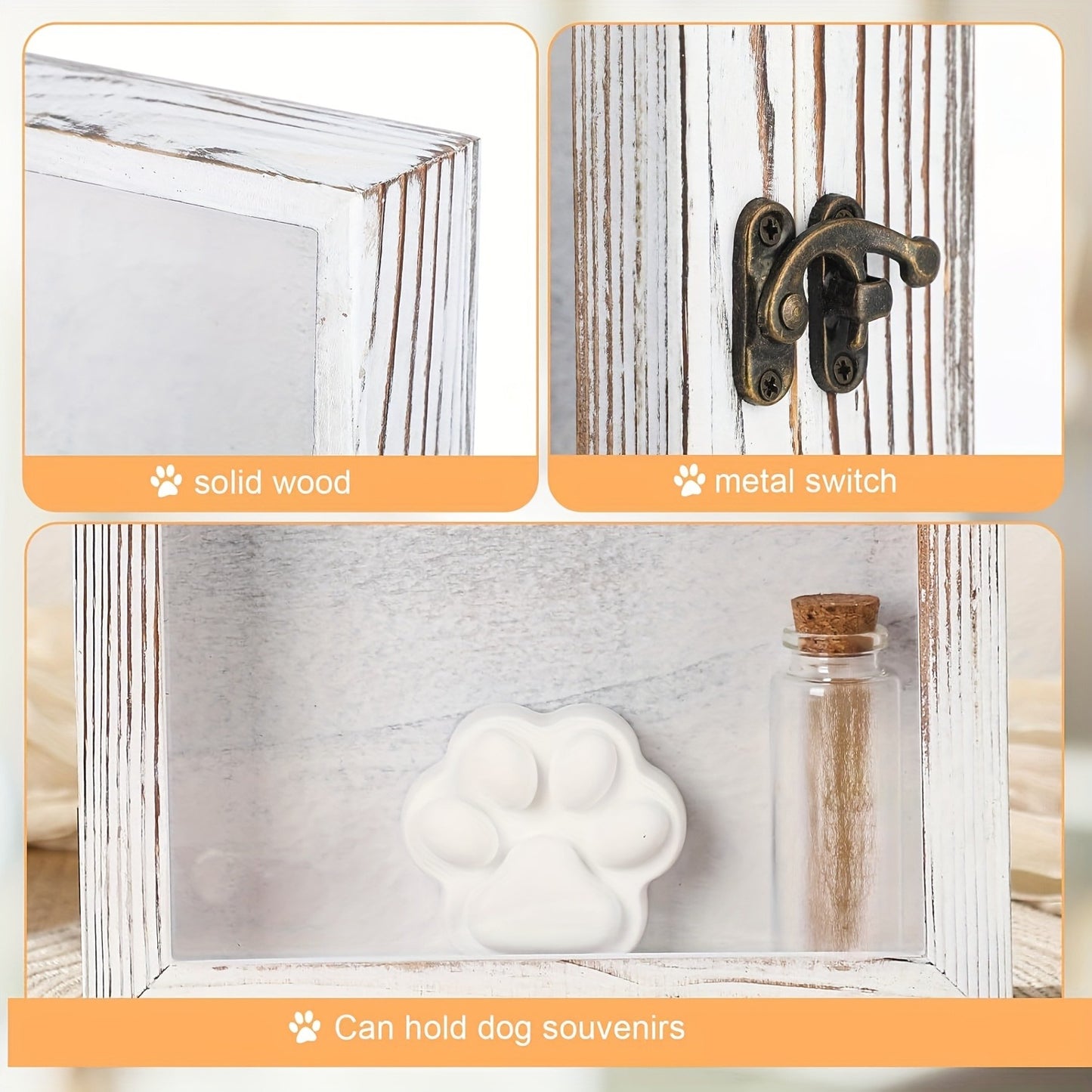 Pet Memorial Shadow Box 8x10 Wood Frame Display Case with Paw Print Kit Small Bottle & Pins, Dog Cat Urn Ashes Keepsake Box for Loss Pet