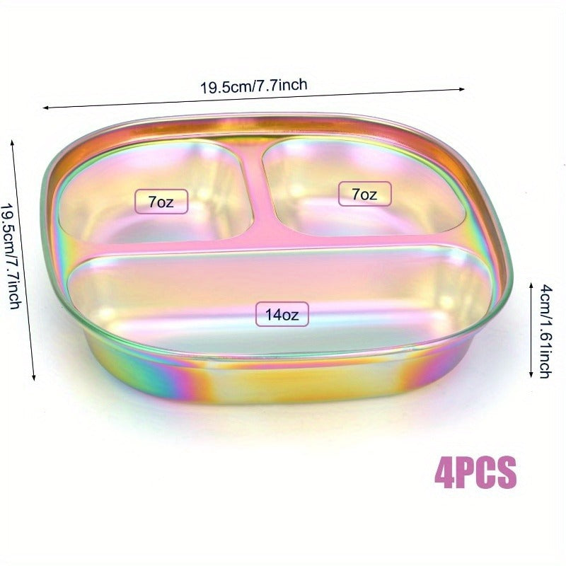 Divided Plates Stainless Steel Set of 4 with Lids – Kids Adults Portion Control Trays, for Home Cooking, Dining and Outdoor Meals