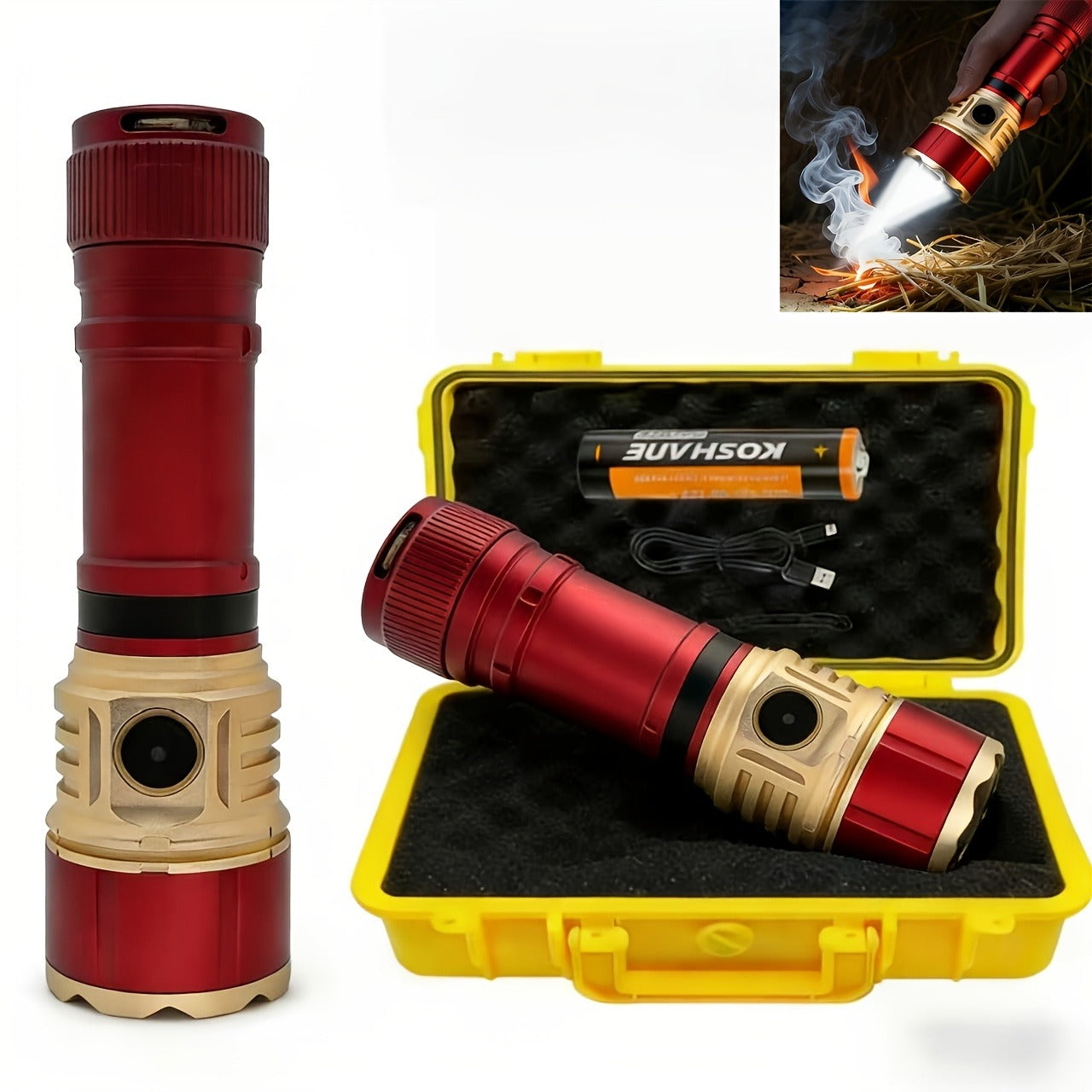 Tactical Flashlight with Fire Starter – Fresnel Lens Igniter, 3000 Lumen LED, 21700 Rechargeable Battery, Zoomable Aluminum Torch