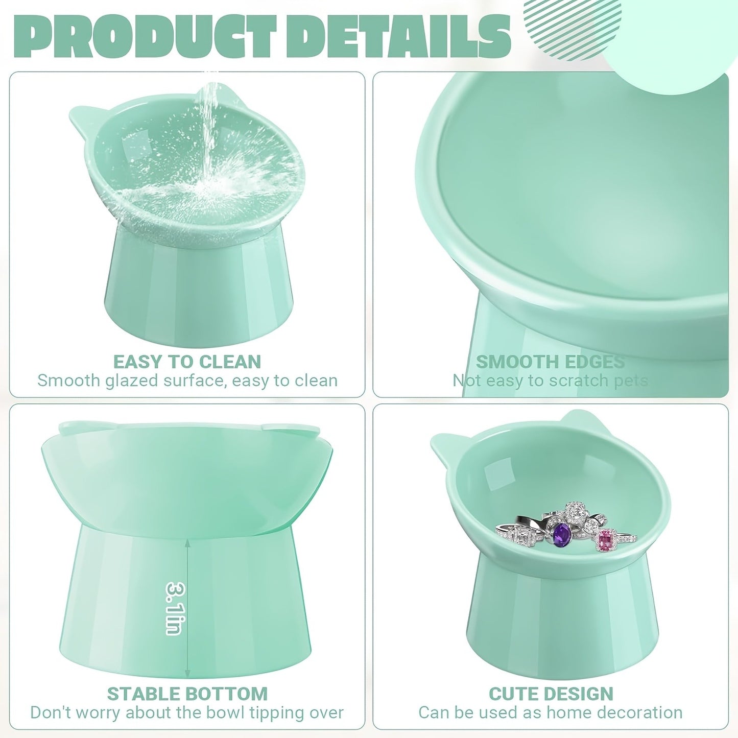 Cat Ear Shaped Raised Cat Bowls Set of 3 – Elevated Feeder Anti-Slip Base Neck Comfort Design, Pink Green Blue Feeding Dish for Cats