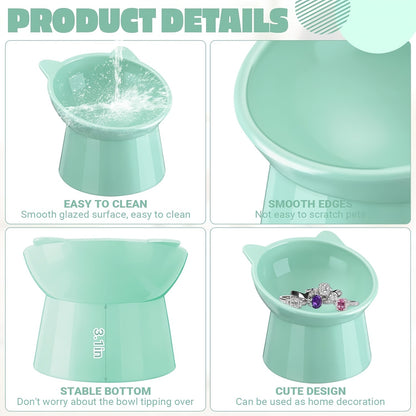 Cat Ear Shaped Raised Cat Bowls Set of 3 – Elevated Feeder Anti-Slip Base Neck Comfort Design, Pink Green Blue Feeding Dish for Cats