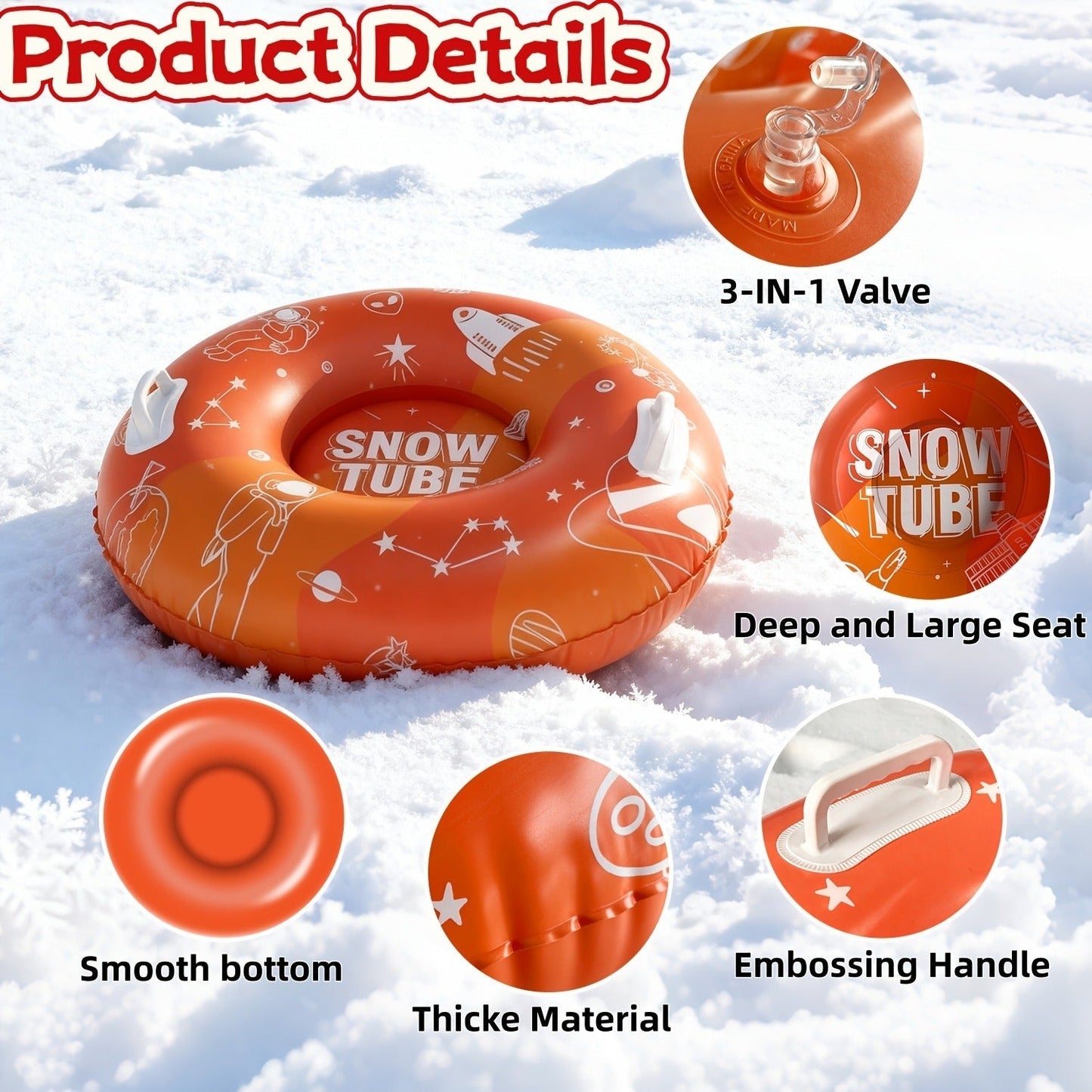 Snow Sled Tubes 3-Pack Foldable Inflatable – Triple-Layer PVC Snow Tubes 36 & 40 Inch, 220 lbs Capacity, 3-Layer Airlock Valve