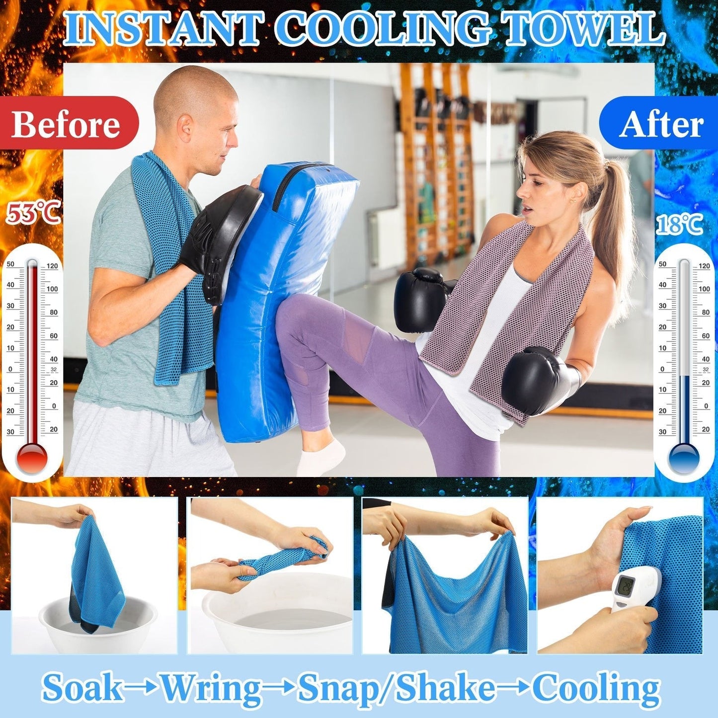 Portable Cooling Towel & Handheld Fan Set 24-Pack – Mini Ice Towels with Fans for Sports, Gym, Yoga, Travel & Camping