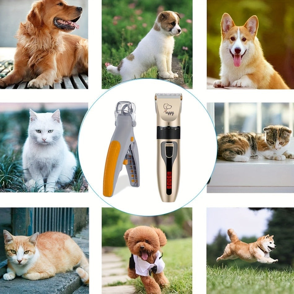 Pet Hair Trimmer Kit 2-in-1 with LED Nail Clipper – 12-in-1 Cordless Quiet Electric Clippers for Dogs & Cats, USB Rechargeable
