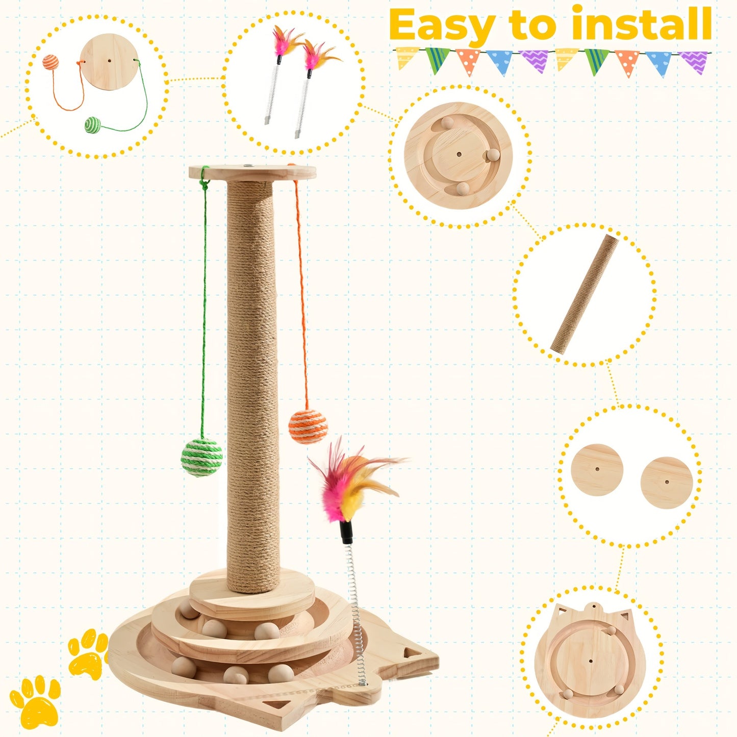 Multi-Level Sisal Cat Scratching Post 4-in-1 with 6 Wooden Balls 2 Hanging Balls & 2 Feather Teaser Toys – Premium Thickened Sisal Anti-Slip