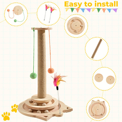 Multi-Level Sisal Cat Scratching Post 4-in-1 with 6 Wooden Balls 2 Hanging Balls & 2 Feather Teaser Toys – Premium Thickened Sisal Anti-Slip