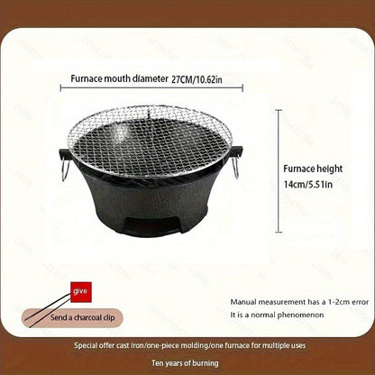 10.6-Inch Round Charcoal Grill Set with Cast-Iron Body, Cooking Grid, Wooden Base and Tongs