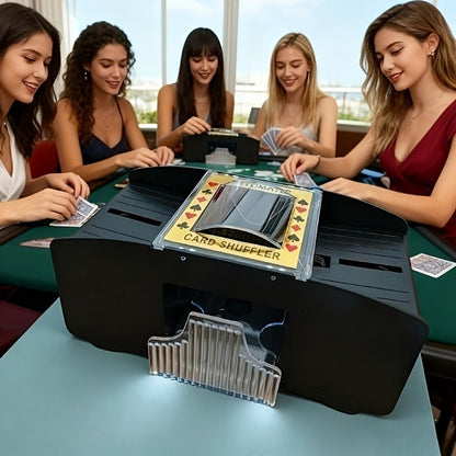 Automatic Playing Card Shuffler for 2, 4 or 6 Decks with One-Button Battery Operation and Transparent Card Chambers
