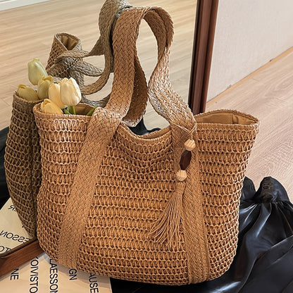 Straw Woven Tote Bag for Women with Tassel, Large Beach Storage and 3 Natural Color Options