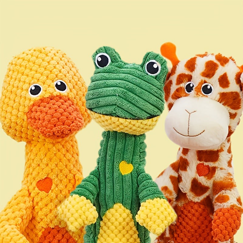 Dog Toy Squeaky Plush Deer or Frog Character for Chew, Tug, Fetch, Shake and Cuddle Play for All Breeds