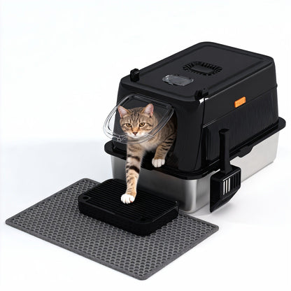 CITYLIFE Cat Litter Box with Stainless Steel Basin, Removable Enclosure, Flap Door, Top Entry, Step and Mat
