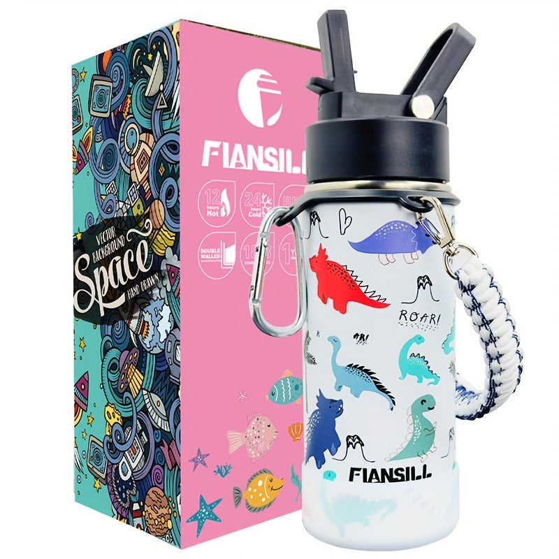 FIANSILL 16oz Stainless Steel Water Bottle with Flip-Up Straw Lid, Wrist Strap, Carabiner and Eight Prints