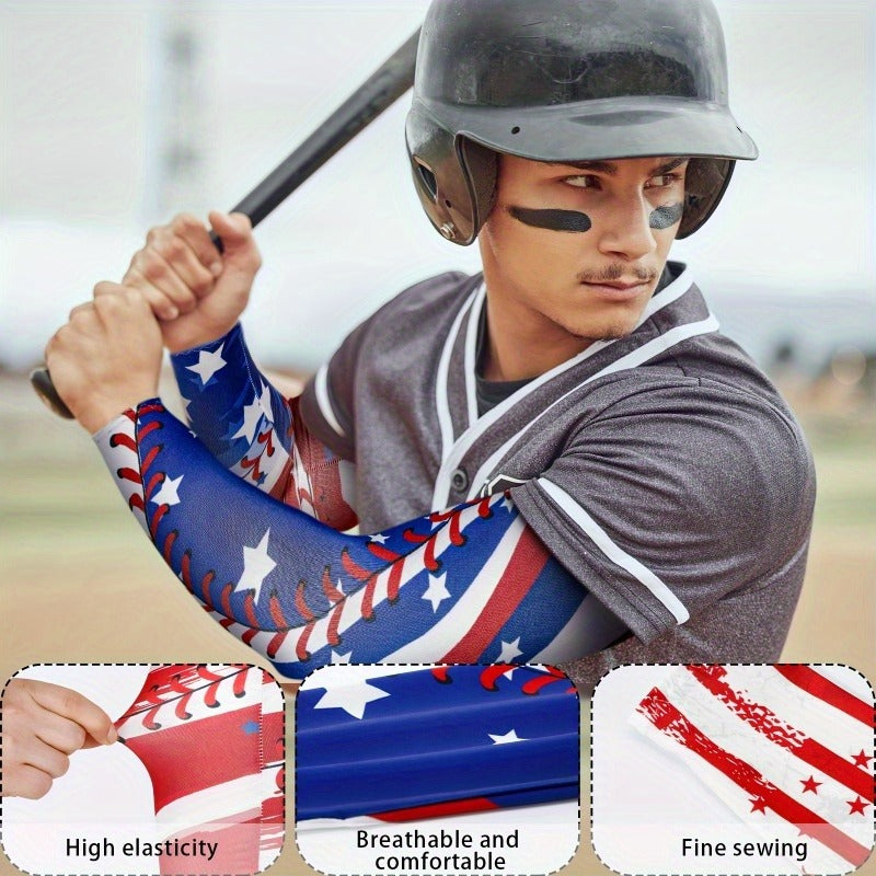 Patriotic Baseball Arm Sleeves 2 Pairs – American Flag Star Design Compression Sports Elbow Covers, Anti-Slip UV Protection for Men Women