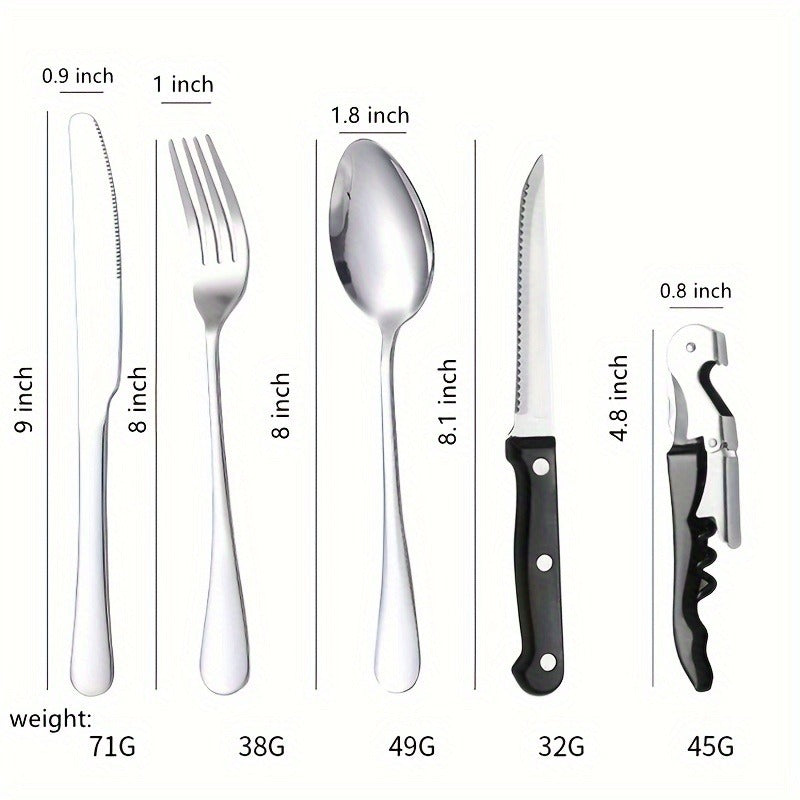 Camping Mess Kit 24pcs Stainless Steel Cutlery Set for 4 – Plates, Spoons, Forks, Serrated Knives & Cloth Napkins