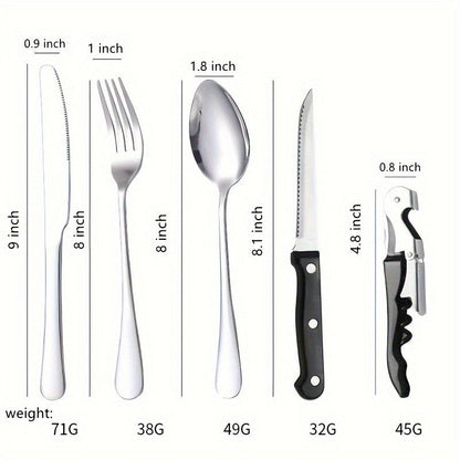 Camping Mess Kit 24pcs Stainless Steel Cutlery Set for 4 – Plates, Spoons, Forks, Serrated Knives & Cloth Napkins