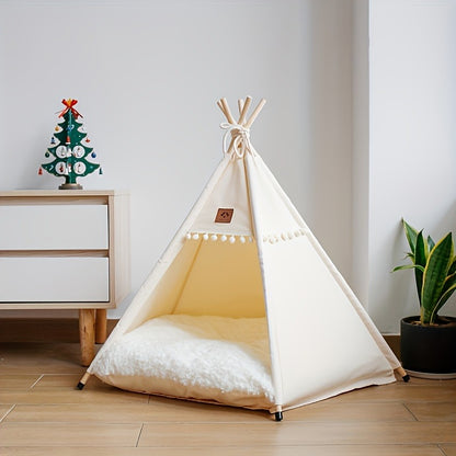 Pet Teepee Bed with Cushion – Linen Fabric Cat & Dog Tent, Dome-Shaped All-Season Indoor Outdoor House, Padded & Sturdy Frame