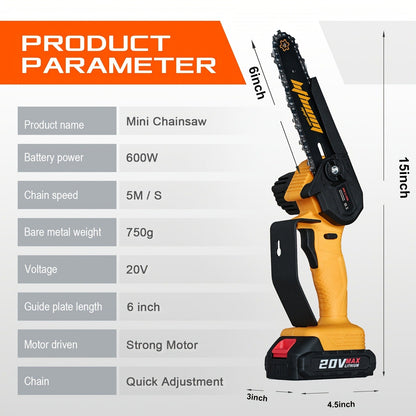 Mini Chainsaw Cordless 6-Inch Brushless with 20V 4.0Ah Rechargeable Battery, One-Hand Electric Handheld Chain Saw for Tree Trimming