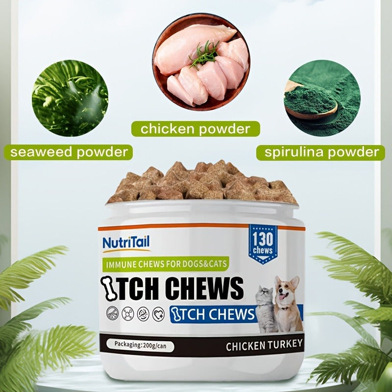 Pet Soft Chews for Skin & Hair, Probiotics & Calming – 200g / 130 Chewable Tablets, Moisturizes Skin, Maintains Coat