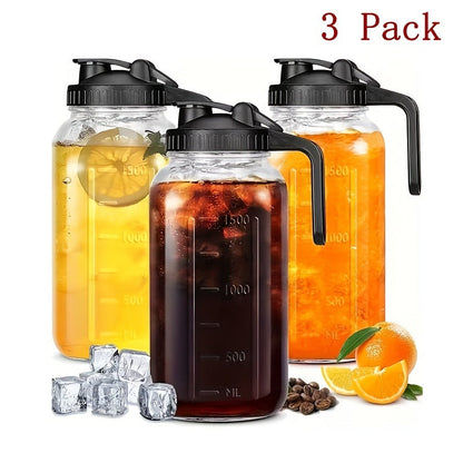 Three-Pack 64-Ounce Mason-Style Glass Pitchers with Pink Flip Lids, Handles and Wide Mouths