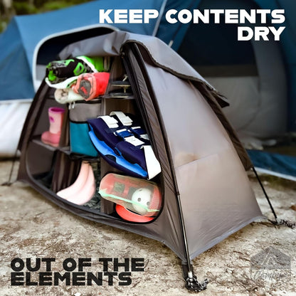 Camping Tent Organizer 9-Shelf with Zippered Flap – Hanging Storage Rack for Shoes, Gear & Dining, Fits Most Tents, Brown & Gray