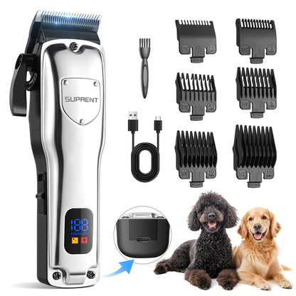 Dog Grooming Clippers Professional Kit – Low Noise Rechargeable Pet Hair Trimmer with Ceramic Blade, 8 Guards, Scissors & Comb for Dogs