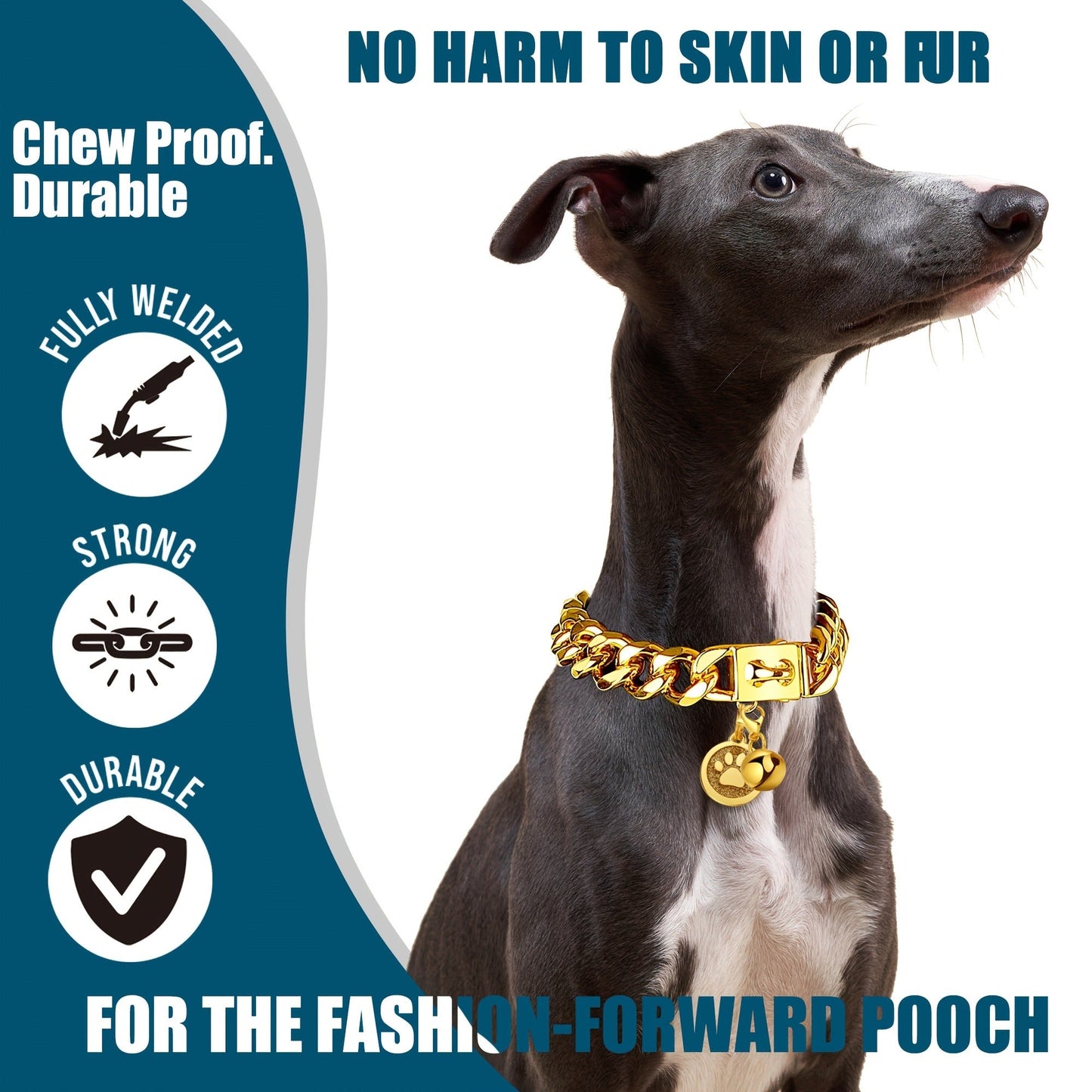 Gold-Color Cuban Link Dog Chain Collar with Paw and Bell Charms in Six Lengths from 16 to 26 Inches