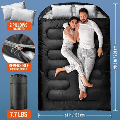 Double Sleeping Bag XL with Pillow for Two Adults – 2-Person Couple Sleeping Bag for Year-Round Camping, Hiking & Backpacking in Cold & Warm
