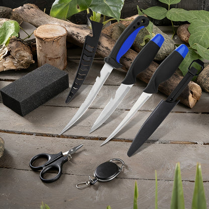 Fishing Knife Set 3-Piece Stainless Steel Fillet Boning Knife with Cut Resistant Gloves Fishing Line Cutter Stretch Rope for Fishing Camping