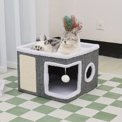 Cat House Foldable Multi-Layer 2-Tier Bed Toy Tunnel Scratching Post Plush Hanging Ball Canvas Nylon Frame All-Season Indoor Cat Cube