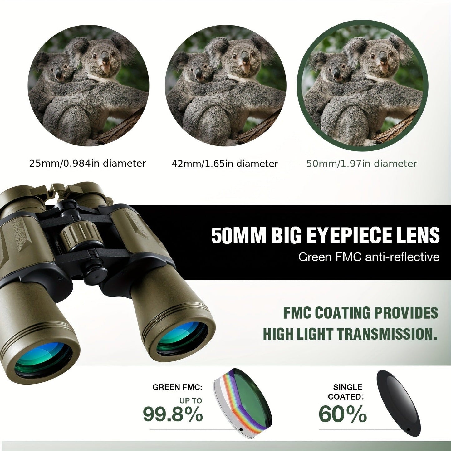 Full-Size 10x50 Binoculars with Smartphone Adapter, Carry Case and Neck Strap in Black, Mud or Green