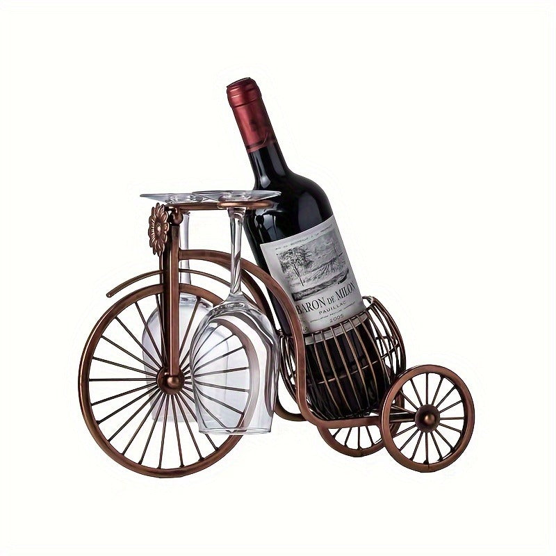 Bicycle-Shaped Tabletop Wine Rack with One Bottle Cradle and Two Stemware Holders in Copper-Tone Finish