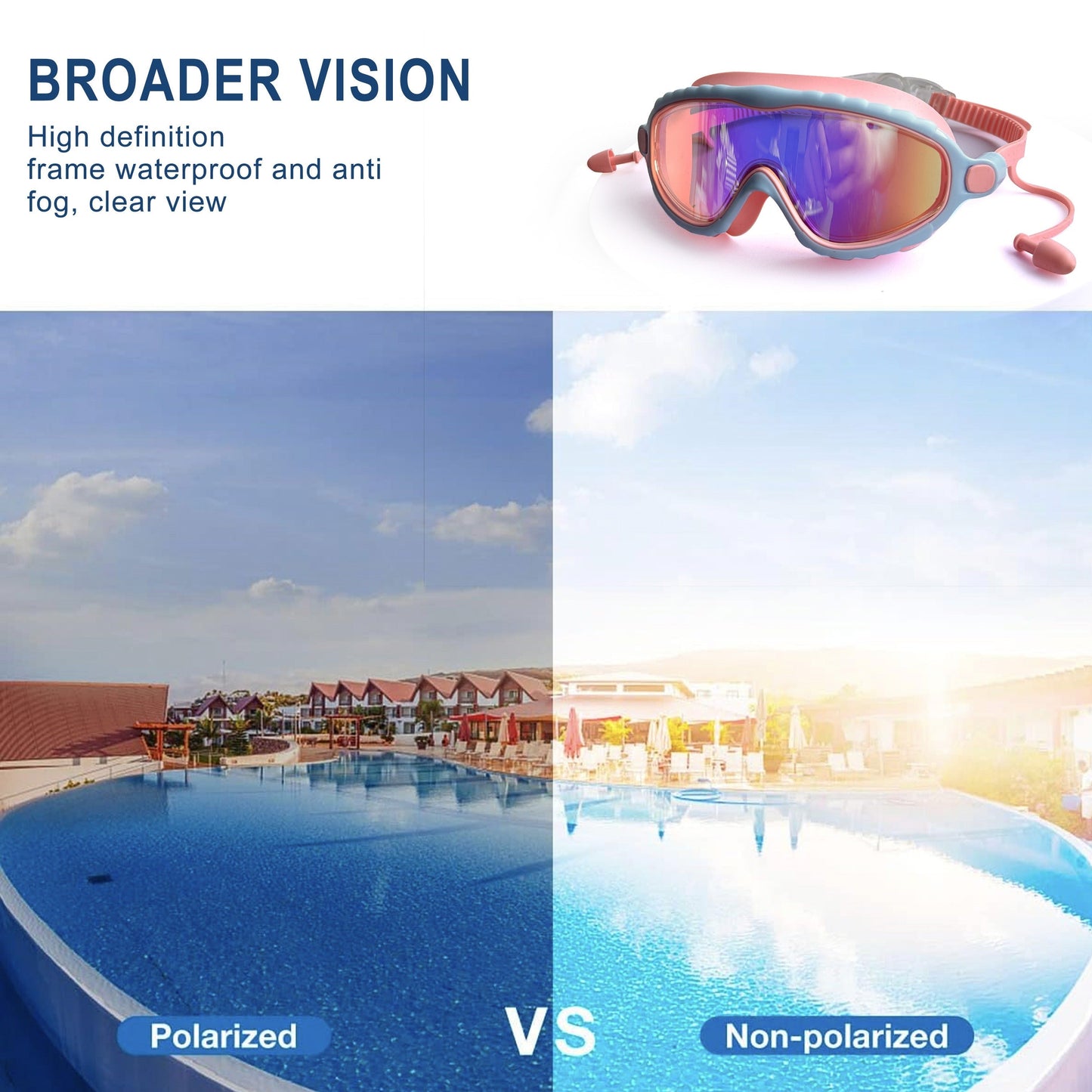 Kids Wide-Lens Swim Goggles with Attached Earplugs, Adjustable Strap and Blue or Pink Frame