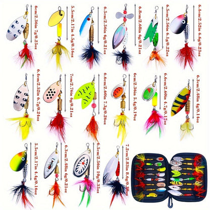 Fishing Lure Set 16-Piece Metal Spinner Spoon Baits with Feathered Single Hooks, Mixed Colors and Zipper Storage Case