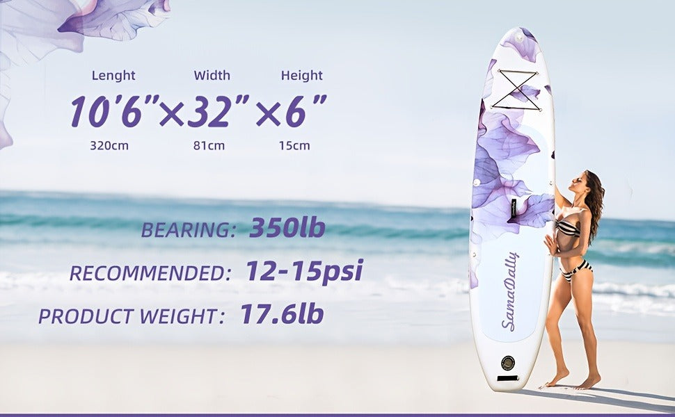 10.6-Foot Purple Floral Inflatable Paddle Board with EVA Deck, Paddle, Pump, Bag, Fin and Leash