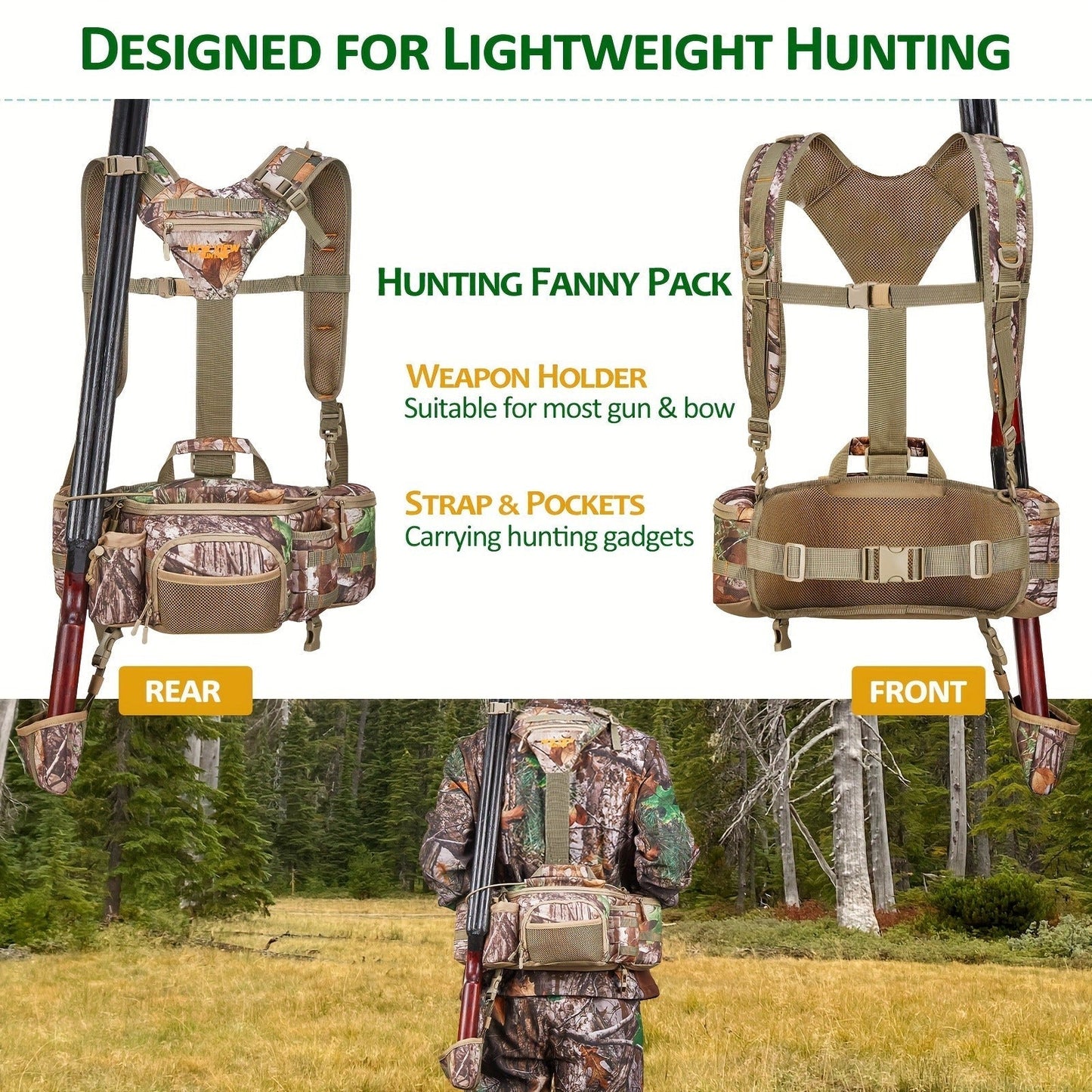 Hunting Fanny Pack for Men with 9 Pockets – Camouflage Waist Bag with Rifle & Bow Holder, Adjustable Strap & Buckle Closure for Hunters