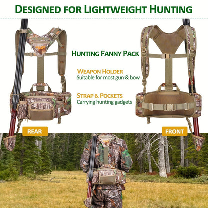 Hunting Fanny Pack for Men with 9 Pockets – Camouflage Waist Bag with Rifle & Bow Holder, Adjustable Strap & Buckle Closure for Hunters