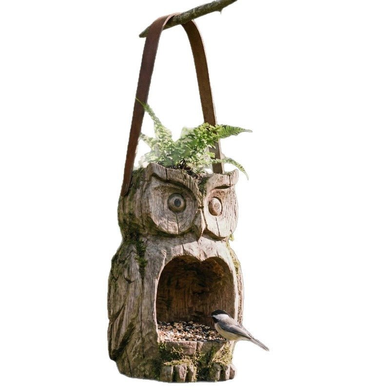 Bird Feeder Hanging Outdoor Rustic Wood Owl-Shaped Plant Pot for Patio Lawn Garden Decor – Open Design Decorative Planter for Bird Seed