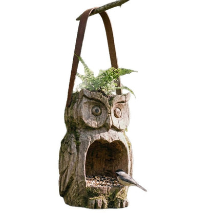Bird Feeder Hanging Outdoor Rustic Wood Owl-Shaped Plant Pot for Patio Lawn Garden Decor – Open Design Decorative Planter for Bird Seed