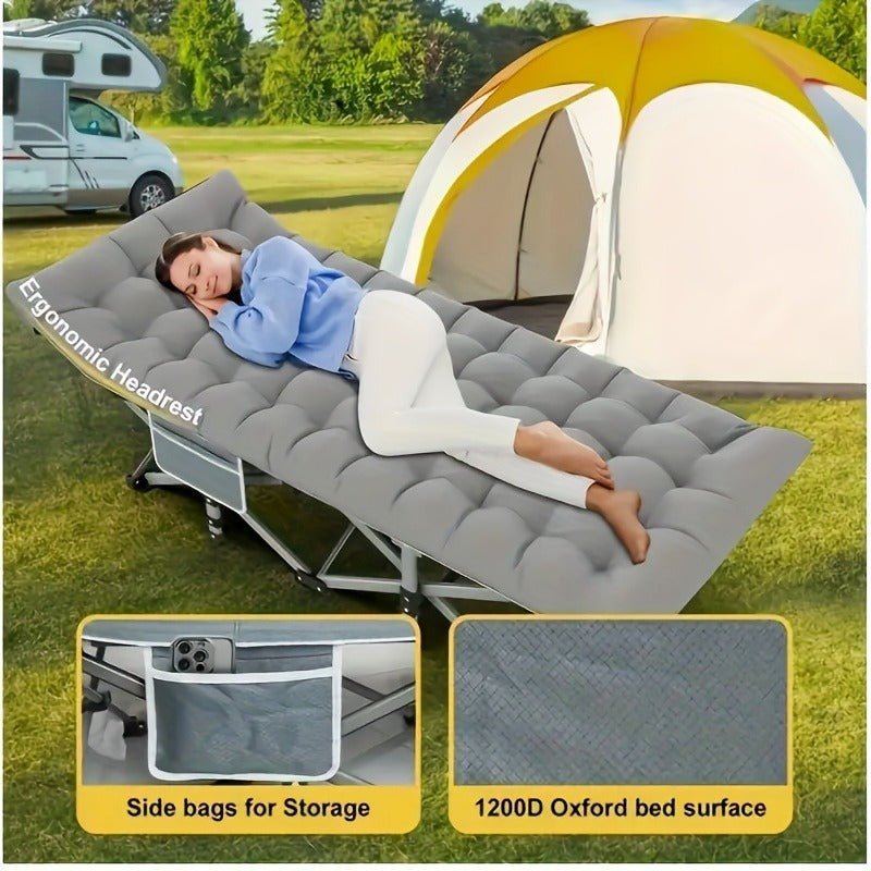 Folding Camping Cot with 74 x 30 Inch Plaid Mattress Checkout Label, Carry Bag and Side Storage Pocket