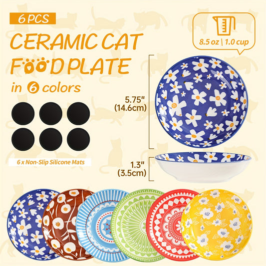 Ceramic Cat Bowls Set of 6 – Shallow Wide Cat Food Plate Whisker Friendly with Non-Slip Mat, Fairy Tales Colorful Design