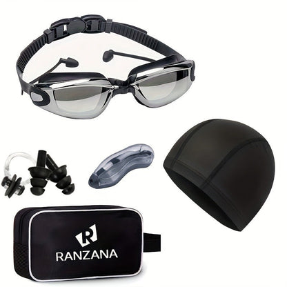 Adult Swimming Goggles Six-Piece Set with Black Silver-Look Lenses, Swim Cap, Case, Nose Clip, Earplugs and Bag