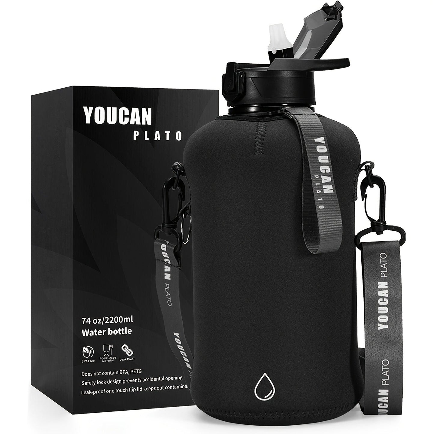 Half Gallon Water Bottle 74oz with Insulated Sleeve, Straw & Time Marker – BPA Free Leakproof Large Sports Jug with Carrying Handle & Strap