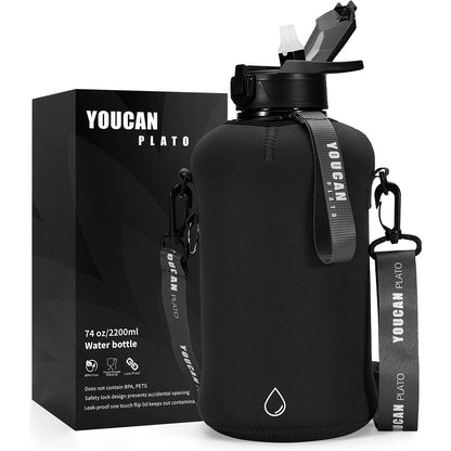 Half Gallon Water Bottle 74oz with Insulated Sleeve, Straw & Time Marker – BPA Free Leakproof Large Sports Jug with Carrying Handle & Strap