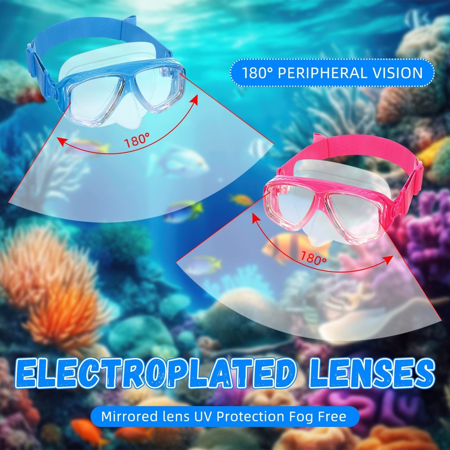Six-Pack Nose-Cover Swimming Masks with 6.7-Inch Frames, Adjustable Elastic Straps and Mixed Color Assortment