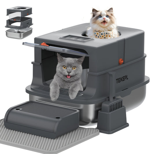 Stainless Steel Cat Litter Box with Lid – Extra Large 68L Enclosed & Semi-Open Modular System, 304 Steel Non-Stick Easy Clean