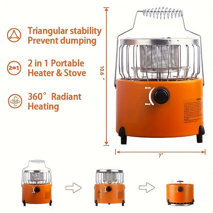 Two-in-One Outdoor Propane Radiant Heater and Cooking Stove with Hose, Converter and 7-Inch Orange Body